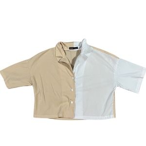 SHEIN Collared Crop Top Color Block White and Tan